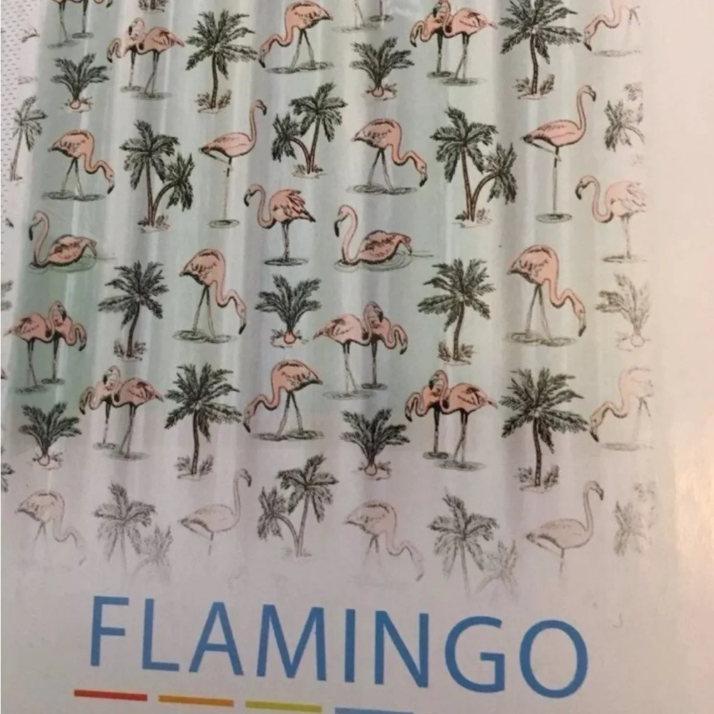 Tropical Palm Trees & Pink Flamingos Peva Shower Curtain Florida Summer Birds